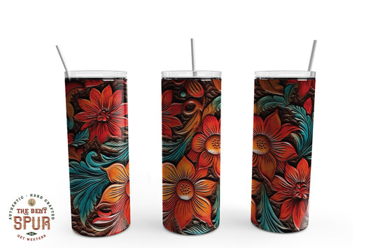 Red and Turquoise Tooled Leather- Tumbler